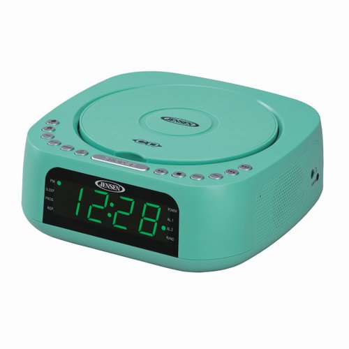 Jensen Teal Modern Home Audio CD Player Tabletop Stereo Dual Alarm Clock Digital FM Radio | Top-Loading CD/MP3/WMA Player | USB Charging Port 2.1A | Headphone Jack | 0.9 Display Green LED (Renewed)