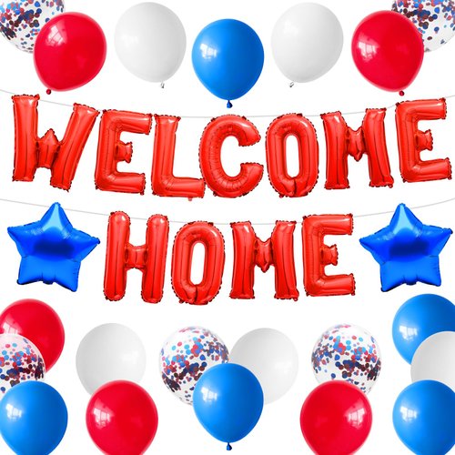 Welcome Home Decorations Red Blue,Welcome Home Foil Balloon Banner with Confetti Balloons,Blue Star Balloons for Patriotic Welcome Home Army Returning Party Supplies