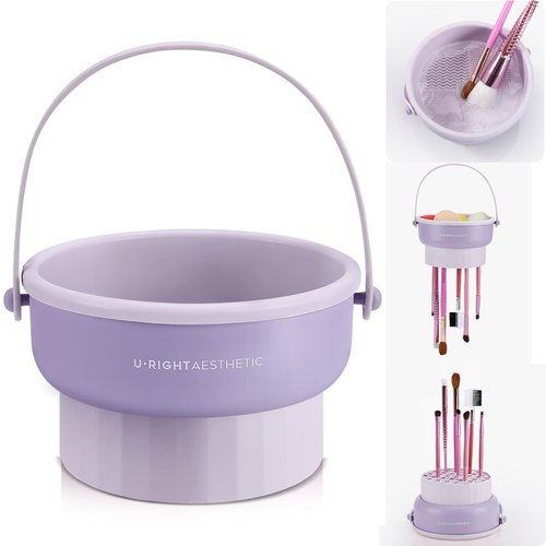 Makeup Brush Cleaner Mat 3 in 1 Silicone Makeup Brush Cleaner Bowl with Brush Drying Holder Cosmetic Brushes Cleaning Tool Organizer for Storage & Air Dry (Purple)…