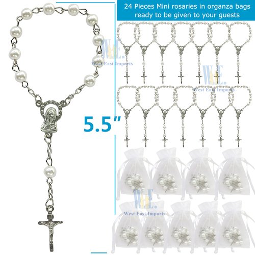Baptism Favors (24PCS) Mini Rosaries simulated pearl Beads with Sivler Plated Accents - Reduerdos Mini rosarios/Recuerditos De Bautismo - First Holy Communion - Wedding