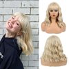 Remy Blue 14'' Short Mixed Blonde Wig With Bangs Short Blonde Bob Wigs Shoulder Length Women's Short Curly Wavy Wig Synthetic Cosplay Wig for Girl Costume Wigs