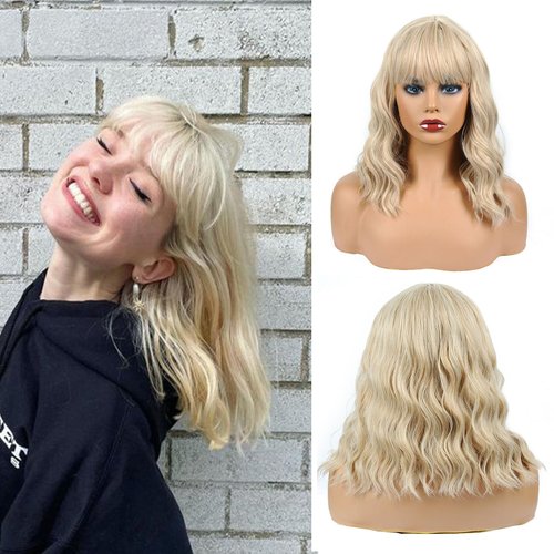 Remy Blue 14'' Short Mixed Blonde Wig With Bangs Short Blonde Bob Wigs Shoulder Length Women's Short Curly Wavy Wig Synthetic Cosplay Wig for Girl Costume Wigs