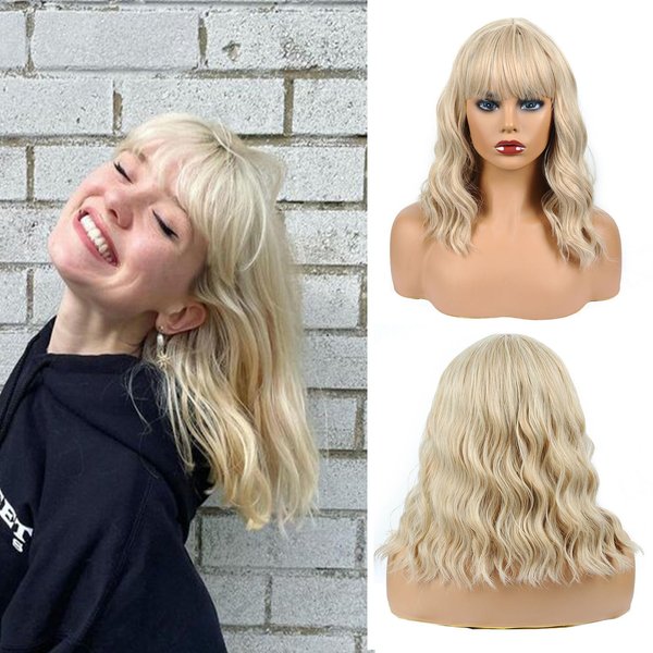 Remy Blue 14'' Short Mixed Blonde Wig With Bangs Short Blonde Bob Wigs Shoulder Length Women's Short Curly Wavy Wig Synthetic Cosplay Wig for Girl Costume Wigs