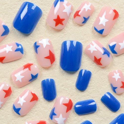 4th of July Extra Short Press on Nails Blue Square FakeNails with Red White Stars Designs Gloss Acrylic Nails Petite Stick on Nails Small Press on Nails Independence Day Manicure Decorations