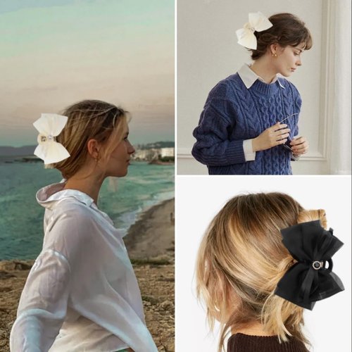 Bow Claw Clips for Women Bow Hair Clips 2 Pcs Black White Tulle Claw Clips for Thin Thick Curly Hair Bow-knot Hair Claw Clip Big Bows for Women Girls Claw Clip with Bow Hair Styling Accessories