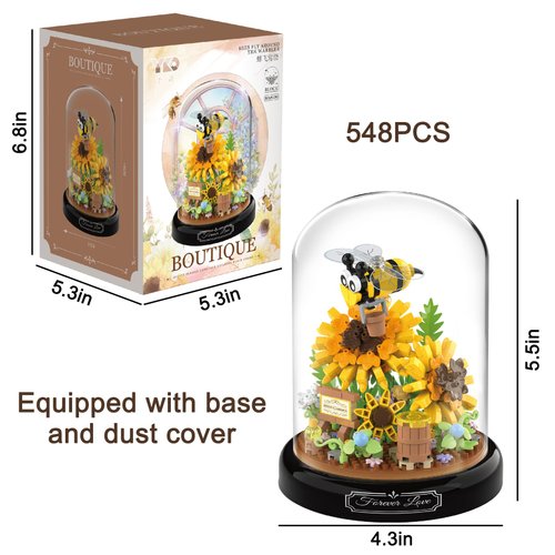 QIQIRUI Bee Garden Building Blocks Set - 548 PCS Mini Brick Blocks with Base and Dust Cover, Artifical Flower Office Home Décor for Mother Friend Girlfriend
