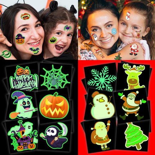 winthrop 240 Pcs Luminous Holiday Temporary Tattoos for Kids, Halloween&Christmas Individually Wrapped Waterproof Safety Tattoos Stickers, Best Choice for Trick or Treat and Winter Gifts, 120 Designs