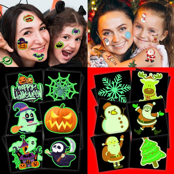 winthrop 240 Pcs Luminous Holiday Temporary Tattoos for Kids, Halloween&Christmas Individually Wrapped Waterproof Safety Tattoos Stickers, Best Choice for Trick or Treat and Winter Gifts, 120 Designs