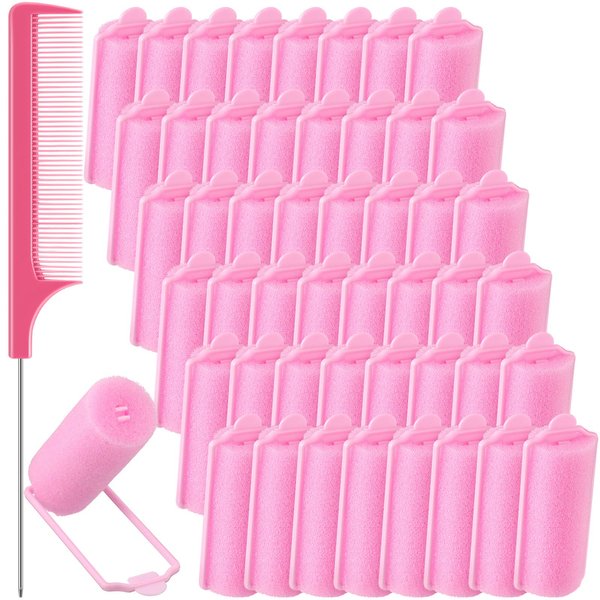 48 Pieces Foam Sponge Hair Curlers, Soft Flexible Styling Set with Stainless Steel Rat Tail Comb (0.98 inch/ 2.5 cm, Pink and Dark Pink)
