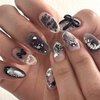 DOCVOEOMH Press on Nails Short Almond Shaped Pearls Acrylic Fake Nails with Black Bow Design Glue on Glossy Full Cover Artificial Gel False Stick on Nail for Girls Women Wedding Manicure 24Pcs