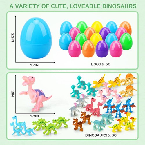 TOY Life 30 Filled Easter Eggs for Kids, Dinosaur Easter Egg Fillers, Easter Party Favors, Easter Basket Stuffers Bulk, Easter Goodie Bag Stuffers Easter Gifts Easter Egg Hunt Easter Toys for Toddlers