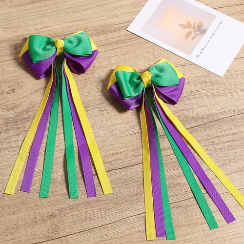 Mardi Gras Long Ribbon Bow Hair Clips Kids Green Purple Yellow Fat Tuesday Cheer Bow Alligator Barrettes Carvinal Parade Outfit Costume Decoration Stuff Party Gift for Women Girls