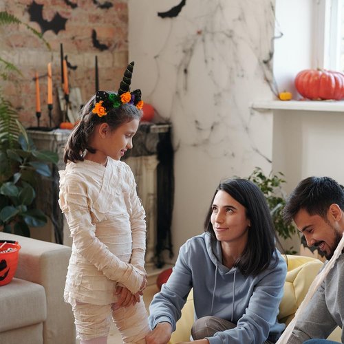 Firopia Halloween Unicorn Headband for Women,Black Horns Colorful Flowers with Spider and Ears with Stars Halloween Costume Headband,Halloween Party Carnivals Supplies