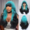 JulyQueen 26" Long Wave synthetic wigs with Bangs ocean mint blue wig Layered Wigs for Women Ombre Synthetic wigs for Daily Party Use (Blue)