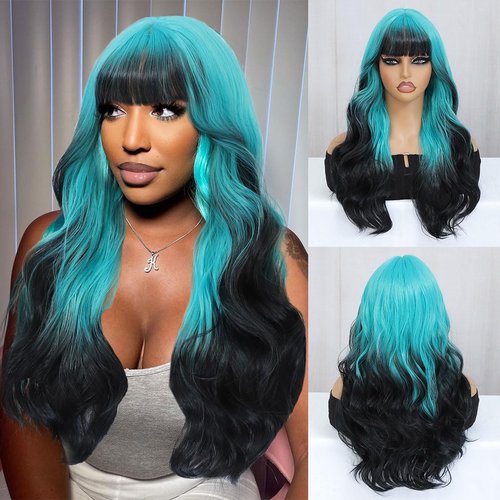 JulyQueen 26" Long Wave synthetic wigs with Bangs ocean mint blue wig Layered Wigs for Women Ombre Synthetic wigs for Daily Party Use (Blue)
