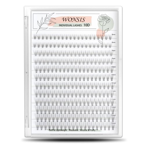 WONSIS Individual Lashes, Lash Clusters, 240 Pcs 10D Individual Lash Extensions, Natural Soft Lightweight Reusable, Thickness 0.07mm C Curl False Eyelashes 8/9/10/11/12mm (10D 8-12mm)