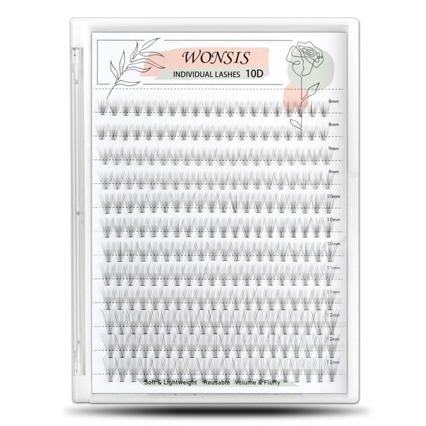 WONSIS Individual Lashes, Lash Clusters, 240 Pcs 10D Individual Lash Extensions, Natural Soft Lightweight Reusable, Thickness 0.07mm C Curl False Eyelashes 8/9/10/11/12mm (10D 8-12mm)