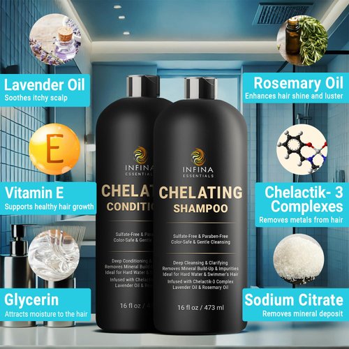 INFINA ESSENTIALS Chelating Hard Water Shampoo and Conditioner Set with Chelactik-3 & Rosemary Oil - Color Safe Metal Detox Shampoo and Conditioner for Mineral Build-Up & Swimmers Hair - 16 fl oz each