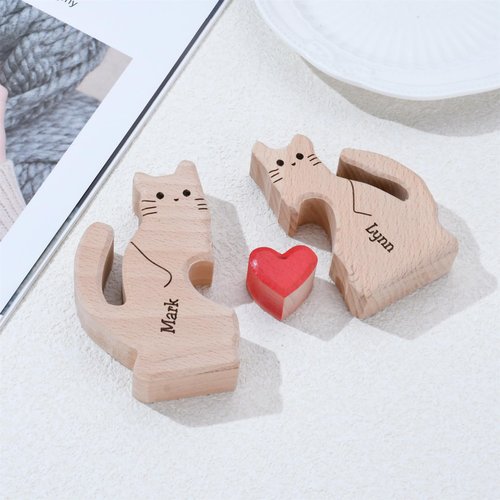 Personalized Wooden Bear Family Puzzles 1-8 Names Customizable Wooden Puzzle Home Table Decor Gift for Dad Mom Couple (Cats)