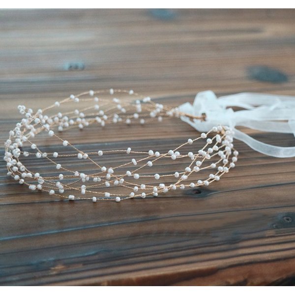 BABEYOND Bridal Headpiece Wedding Headband - Pearl Vintage Wedding Hair Bands for Brides with Lace Ribbon (White Beads)