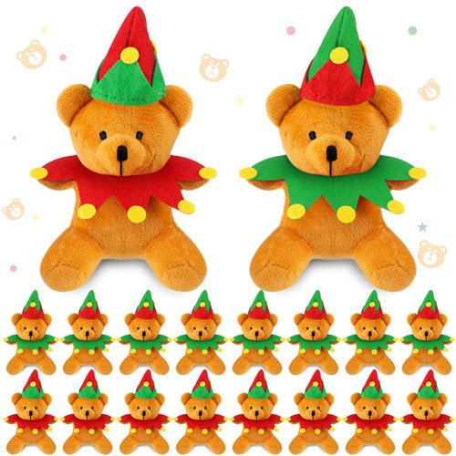 Haull 18 Pcs Stuffed Animals Bears Gifts Plush Bears Bulk Mini Soft Stuffed Toys Small Cute Plush Bear 4" for Kids Adults Party Favors Home Decoration(Christmas Elf)
