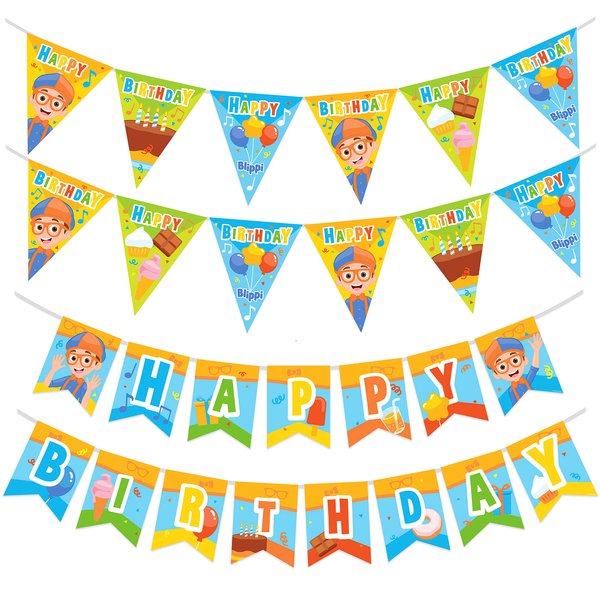 Treasures Gifted Officially Licensed Blippi Birthday Party Supplies - Set of 3 Blippi Birthday Banner - 1 Blippi Banner & 2 Blippi Happy Birthday Banner Pennants - Blippi Party Supplies