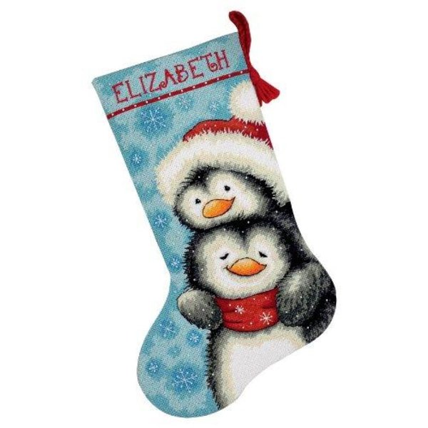 Dimensions Needlepoint Hugging Penguins Personalized Christmas Stocking Kit, Printed 12 Mesh Canvas, 16''