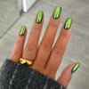 SXVME Neon Green Chrome Press on Nails Medium Square,Mirror Effect Metallic Nails Press ons,Cute Gel Glue on Nails Short Coffin,Flashy Stick on Nails for Women,Thick False Nails for Home DIY in 24 PCS