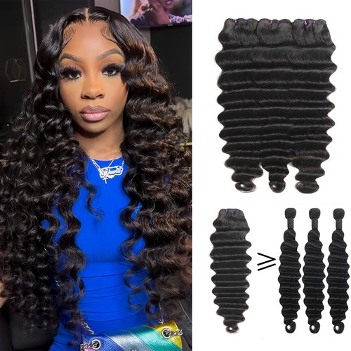 Suerkeep Deep Wave Bundles Loose Deep Wave Human Hair Bundles 3 Bundles 20 22 24 Inches Raw Brazilian Human Hair Extensions Virgin Hair Bundles Natural Black Color for Black Women