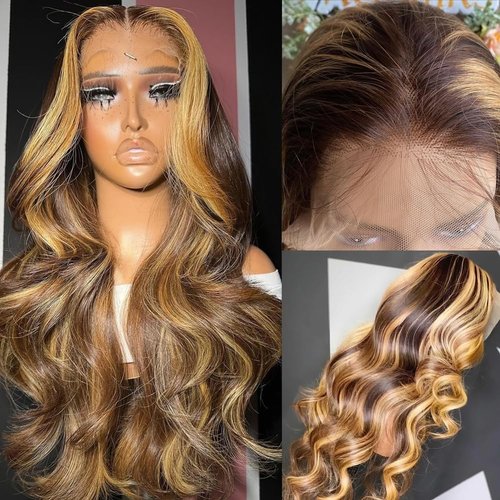 Aorbige Body Wave Style Highlight Ombre Lace Frontal Wig Human Hair Wigs #4/27 Brown with Honey Blonde Color for Black Women Pre Plucked Hairline 180% Density (24inch, 13x6 Lace Front Wig)