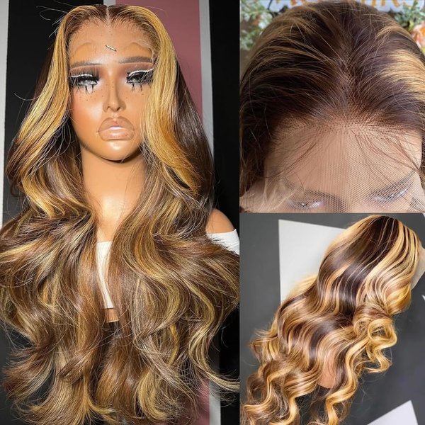 Aorbige Body Wave Style Highlight Ombre Lace Frontal Wig Human Hair Wigs #4/27 Brown with Honey Blonde Color for Black Women Pre Plucked Hairline 180% Density (24inch, 13x6 Lace Front Wig)