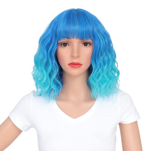 SWACC 12 Inch Short Curly Wavy Bob Wig with Bangs Synthetic Hair Wig for Women with Wig Cap (Teal Blue Ombre)