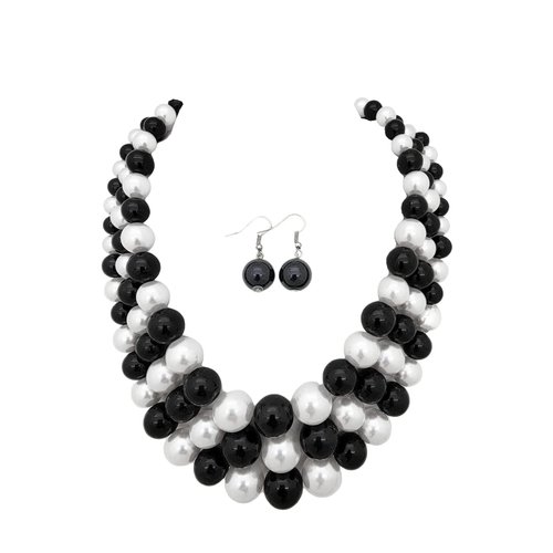 Women's Simulated Faux Three Multi-Strand Pearl Statement Necklace and Earrings Set (Black + White)
