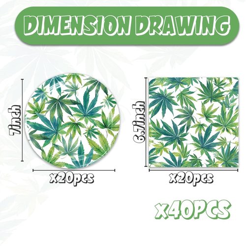 40Pcs Weed Party Decorations Weed Pot Tableware Set Green Weed Disposable Plates Napkins Serves 20 Weed Leaf Baby Shower Birthday Decorations