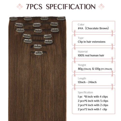 Hair Extensions Real Human Hair Clip in, Chocolate Brown 16 Inch 7pcs 120g, MAXITA Clip in Hair Extensions Real Human Hair Remy Thick Straight Natural Hair Extensions for Woman