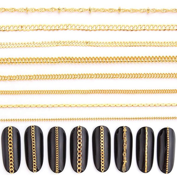 JERCLITY 8 Strips 19.7in Gold Nail Chains for Nail Art 3D Gold Nail Charms Metal Nail Art Chains Punk Nail Studs Jewelry Accessories for Women Nail Art