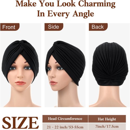 SATINIOR 6 Pieces Turbans for Women Soft Turban Head Wrap Pleated Beanie Cap(Black, Dark Blue, Beige, Gray, Purple, Navy Blue)