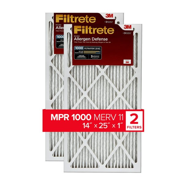 Filtrete 14x25x1 Air Filter, MPR 1000, MERV 11, Micro Allergen Defense 3-Month Pleated 1-Inch Air Filters, 2 Filters