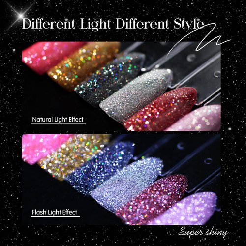 Conaumy Glitter Gel Nail Polish Set, 6 Colors Reflective Gel Polish Kit, Sparkle Holographic Diamond Silver Gold Black Red Rose Pink Purple Soak Off UV Nail Polish 13ml Valentine's Day Gift
