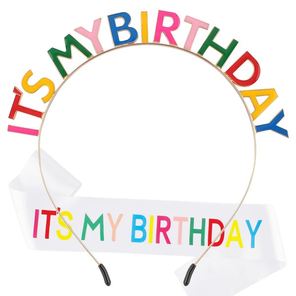 Araluky Birthday Crowns for Women IT'S MY BIRTHDAY Headband & ITS MY BIRTHDAY Sash for Women Birthday Headband for Women Parties Favors Gift-Rainbow