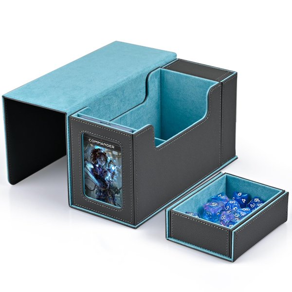 ZLCA Card Deck Box with Display Window,MTG Commander Deck Box Fits 200 Double-Sleeved Cards with Dice Tray & 35pt Magnetic Card Holder-Grey&Blue