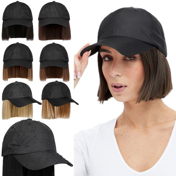 Qlenkay Waterproof Baseball Cap Attached 5" Straight Hair Extensions Adjustable Quick Dry Hat with Wig Short Bob Synthetic Hairpiece for Women Dark Brown