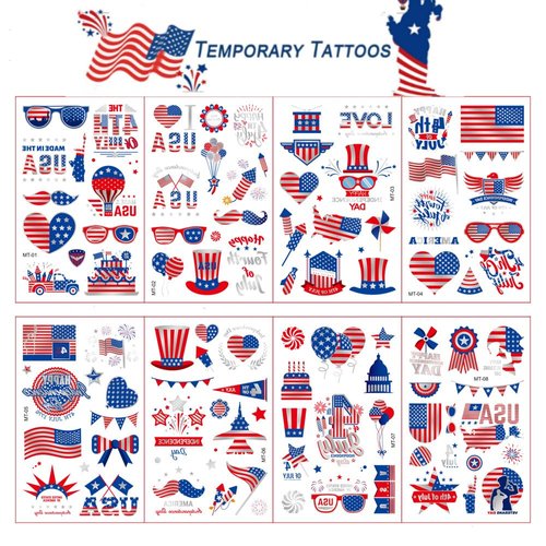 USA Temporary Tattoos, 4th of July Temporary Tattoos, American Flag Tattoos Red White and Blue Fake Tattoo Stickers, Independence Day Party Decorations and USA Party Favors, 8 Sheets