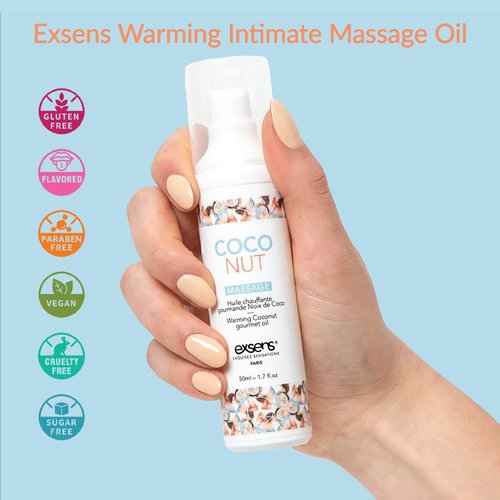Exsens Coconut Warming Massage Oil, All Natural, Paraben-Free Formula for Men, Women, and Couples, Edible and Body Safe, 1.7 fl oz, 1 Count