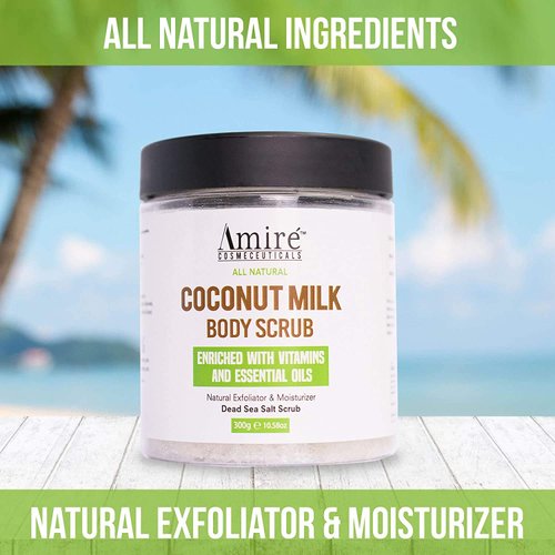 Amire Coconut Milk Scrub For Body And Face, 100% Pure Dead Sea Salt Exfoliating and Moisturizing Scrub For Cellulite Stretch Marks, Acne and Varicose Veins with Vitamin E, Shea Butter, Argan Oil, 300g