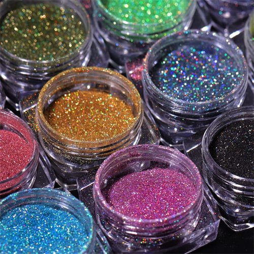 MKNZOME 12 Jars Holographic Nail Powder, Chrome Nail Powder Kit Black Blue Ultra Fine Glitter Powder Set, Rainbow Neon Pigment Manicure Glitter Dust with 12 Pcs Dual Sides Sponge Applicators