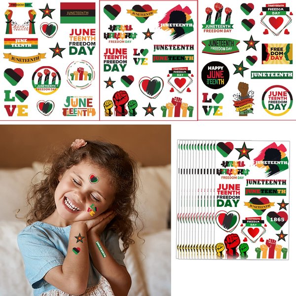 CupaPlay 440PCS Happy Juneteenth Day Party Favors Tattoos Temporary for Kids - Freedom Day Patriotic Party Supplies Goodie Bag Stuffers Favors Prize(30 Sheets)