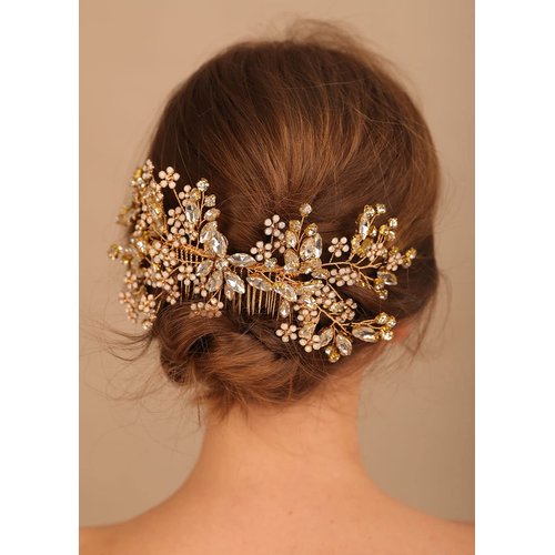 Denifery Gold Bride Crystal Wedding Hair Comb Silver Rhinestone Bridal Side Comb Opal Hair Piece Flower Wedding Hair Accessories for Women and Girls