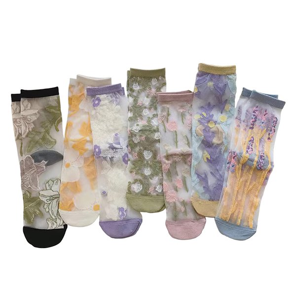 Ballballu Vintage Sheer Socks,Summer Transparent Flower Ankle Socks,Thin Mesh Lace Elastic Jacquard Glass Silk Socks (F-7 Paris)
