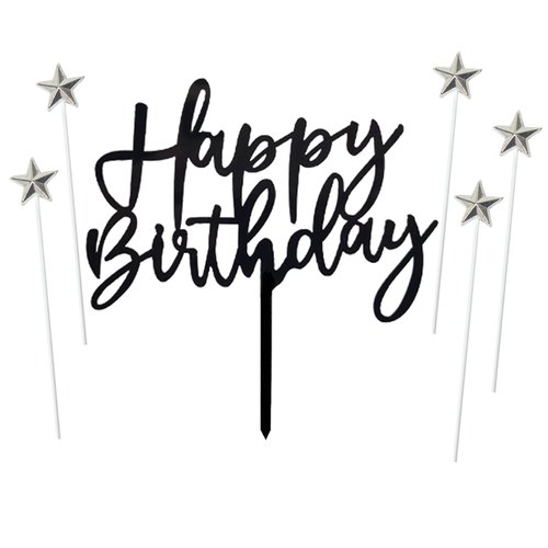 ZHENGYE Set of 1 Black Acrylic Happy birthday Cake Topper And 5 pcs silvery Star Cupcake Topper Cake Decoration Supplies for Baby Shower Birthday Decorations(Black 2)